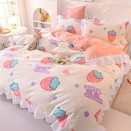 Cute Princess Ruffle Cotton Bedding Set with Fitted Sheet