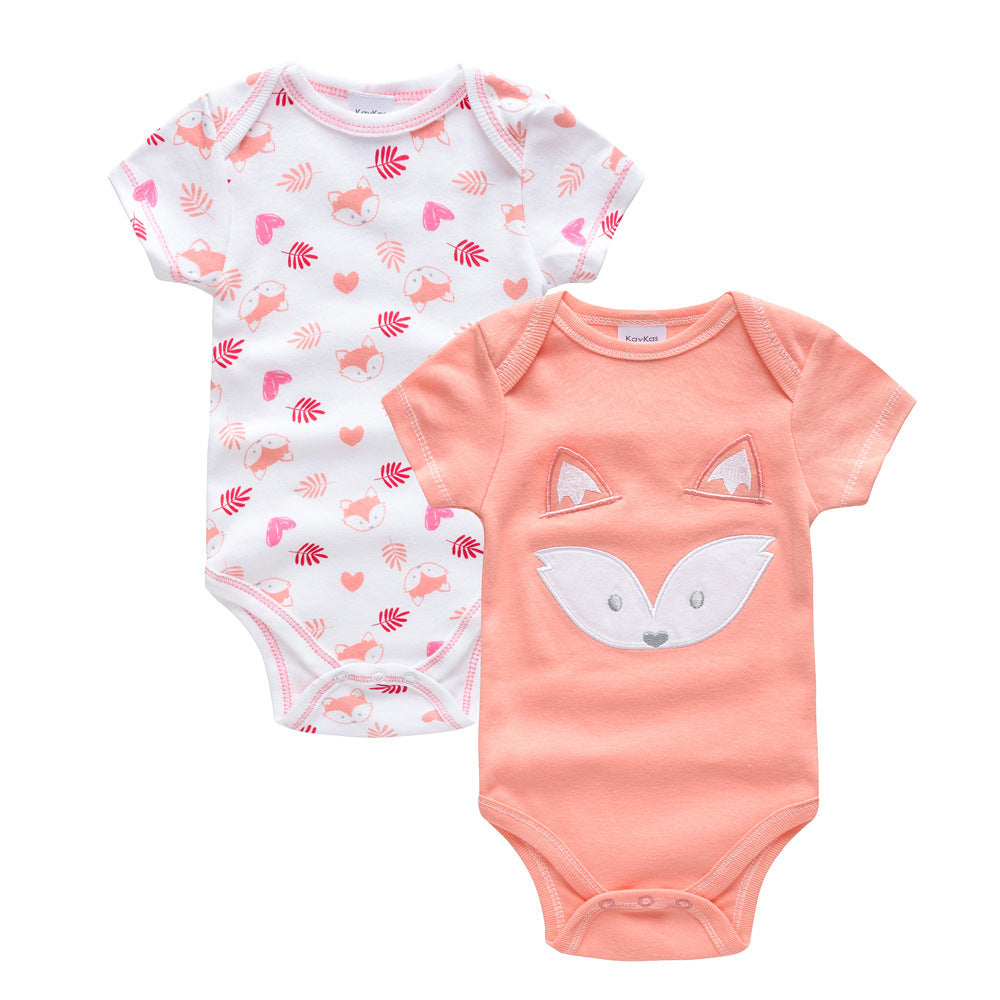 Two baby bodysuits on a white background, one with a fox design and the other with animal prints.