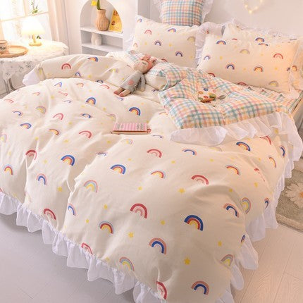 Cute Princess Ruffle Cotton Bedding Set with Fitted Sheet